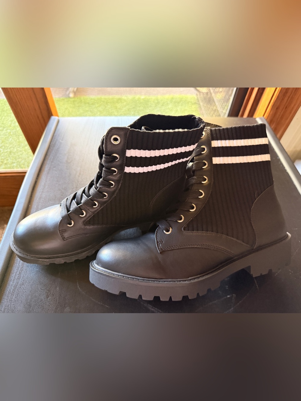 Steve Madden Black Combat Boots with White Stripe Knit Cuff